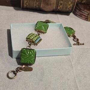 Vtg Grandmother's Buttons Signed Enamel Link Bracelet Antique Brass Tone Retired